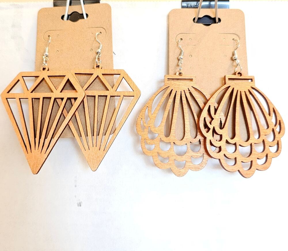Wood Laser Cut Dangle Earrings Lot 2 Pairs Geometric Diamond & Shell Boho